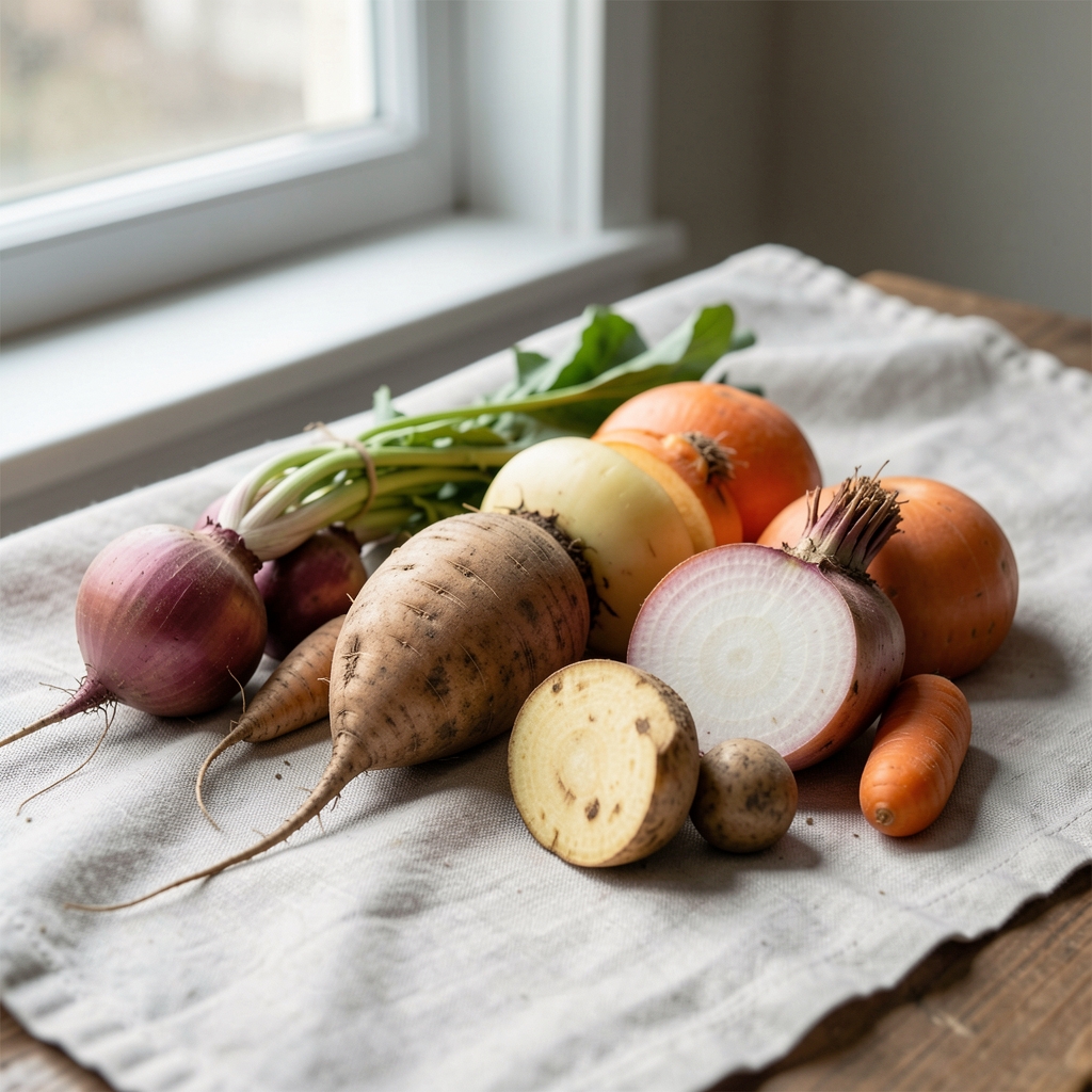 Seasonal root vegetables arranged on pale linen cloth in natural window light, editorial food composition with earthy tones