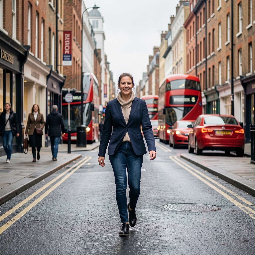 Active morning walk, street level, London, overcast light