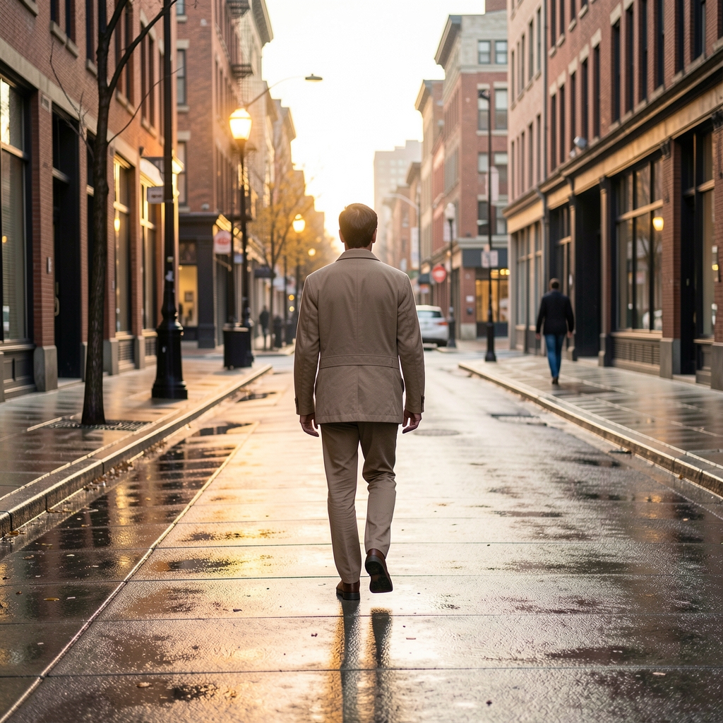 Person walking along a quiet urban street at dawn, seen from behind, wearing neutral toned clothing, pavement wet from overnight rain